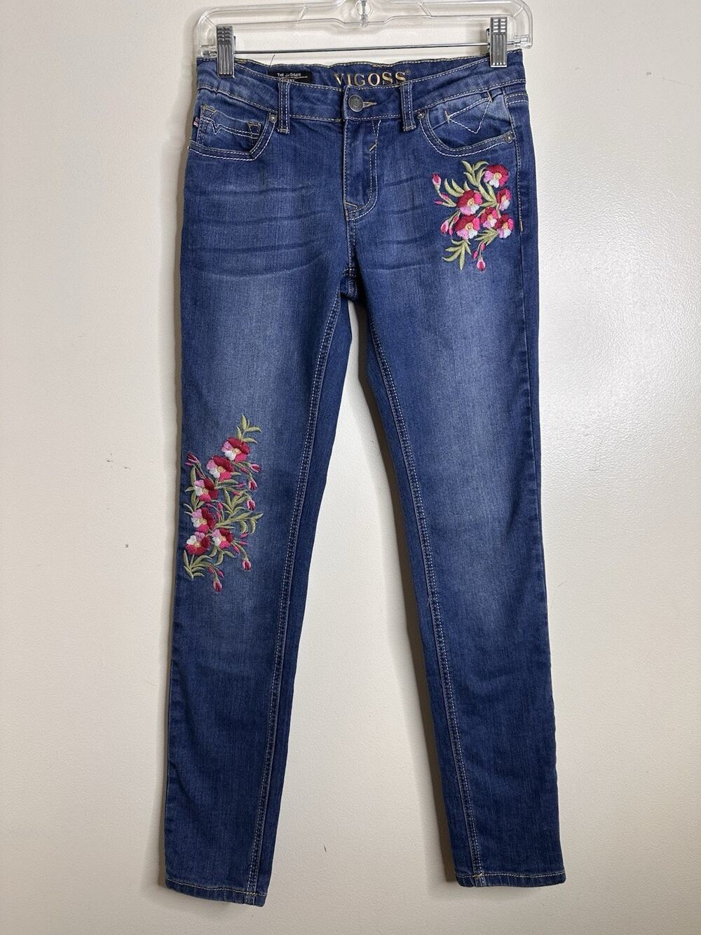 Vigoss Jagger Skinny Embroidered Jeans Girls Size 14 Adjustable Waist Flowers